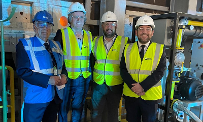 Glass Futures Furnace Warm Up L-R Richard Katz – Founder of Glass Futures, Mayor Steve Rotheram, Cllr Anthony Burns and David Baines MP at the furnace lighting.