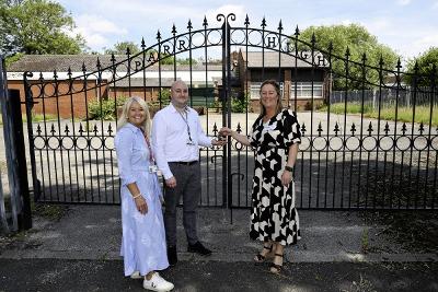 Mill Green expansion Jo Davies, Assistant Director for Education; Sean Lenahan, Headteacher at Mill Green and Councillor Nova Charlton, Cabinet Member for Children and Young People outside the former Parr Library site