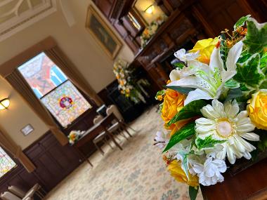 The ceremony room boasts beautiful features