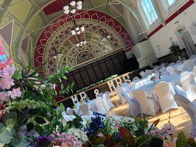 A photo of the a wedding set up in the Assembly Hall in 2019