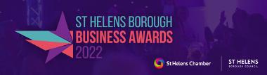 St Helens Borough Business Awards 2022, featuring an abstract shapes design and the logos of St Helens Chamber and St Helens Borough Council