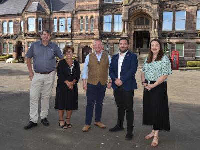 Councillor Richard McCauley, Cabinet Member for Regeneration and Planning; St Helens Borough Council Chief Executive Kath O'Dwyer; John Tabern, Chairman of the St Helens Town Deal Board; Leader of St Helens Borough Council, Councillor David Baines and Cou