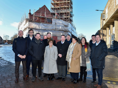 Members from St Helens Borough Council, Conor McGinn MP and delegates from BEIS in front of Earlestown town hall