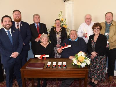 The new Aldermen Patricia Jackson, Anthony Johnson, Allan Jones and Joseph Pearson with members of St Helens Borough Council